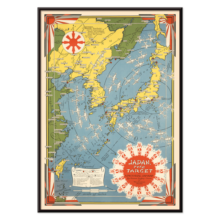 Póster de un mapa colorido que representa a Japón y sus alrededores titulado Japón como objetivo, un mapa japonés ilustrado por Ernest Dudley Chase