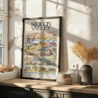 Poster illustrating a map of Silicon Valley featuring various tech company logos artist Kirby Scudder title Silicon Valley Map