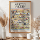 Poster illustrating a map of Silicon Valley featuring various tech company logos artist Kirby Scudder title Silicon Valley Map