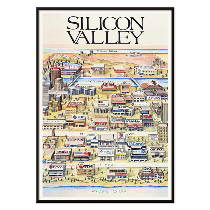 Poster illustrating a map of Silicon Valley featuring various tech company logos artist Kirby Scudder title Silicon Valley Map