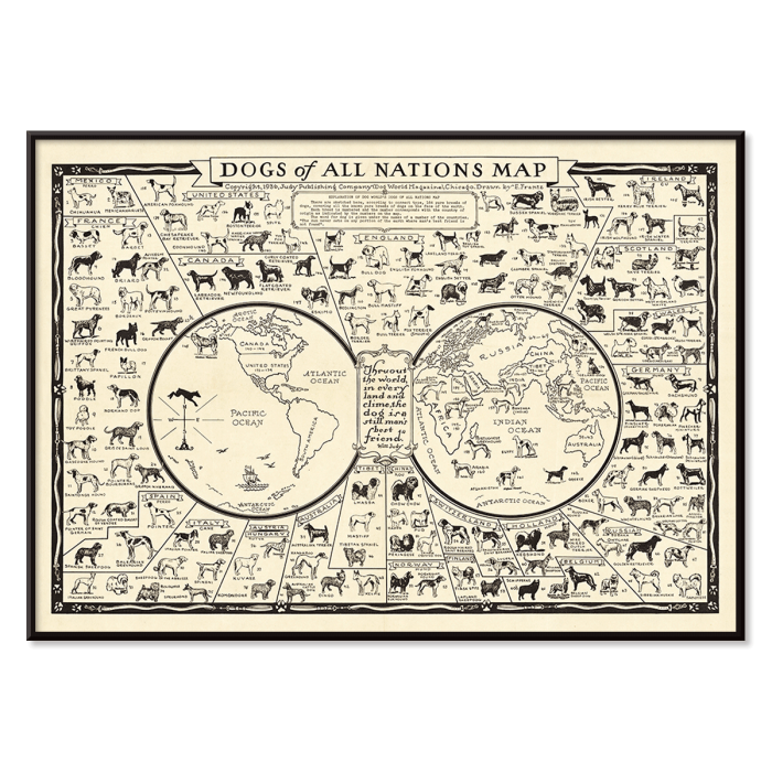 Poster titled Dogs of All Nations Map by Frantz E featuring various dog breeds from different countries around the world.