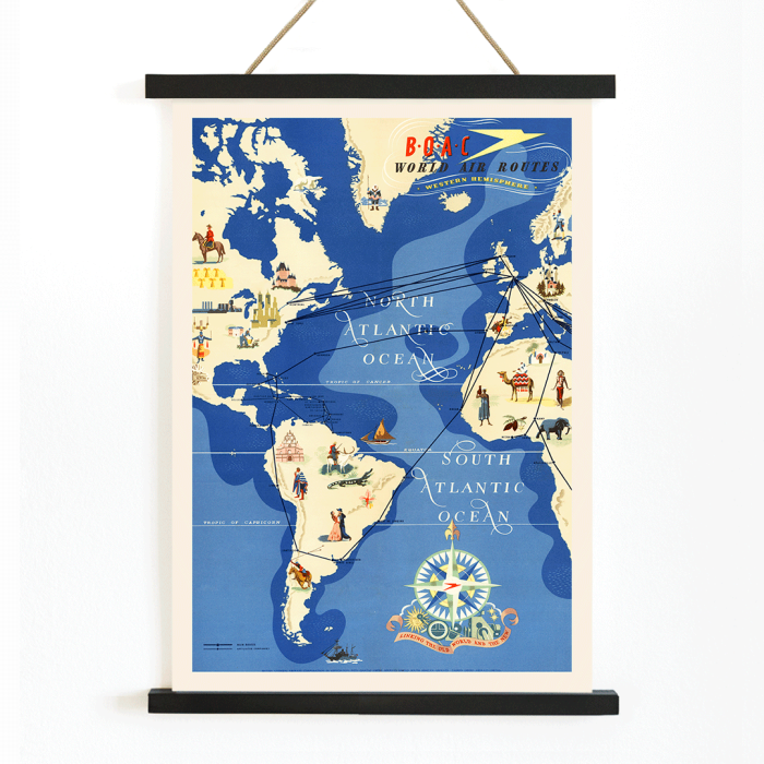 Poster depicting world air routes over the Atlantic Ocean by British Overseas Airways artwork by Seymour EO.