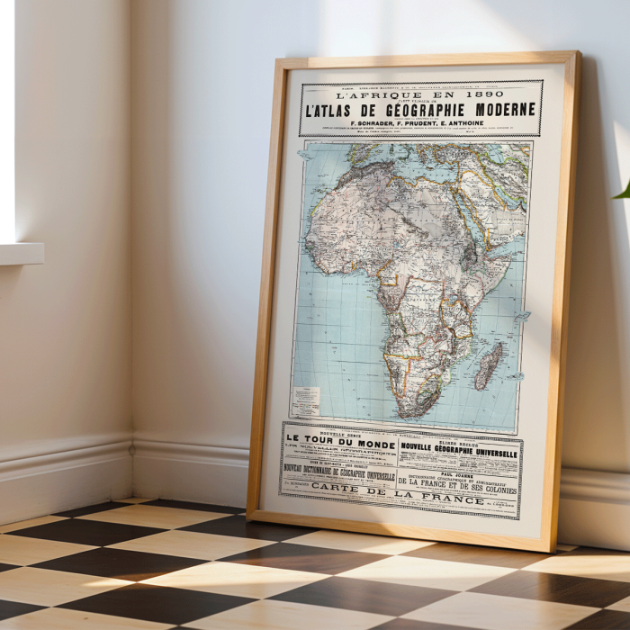 Poster représentant une carte détaillée de l'Afrique avec des caractéristiques géographiques tirées de l'Atlas de géographie moderne de Schrader Prudent Anthoine