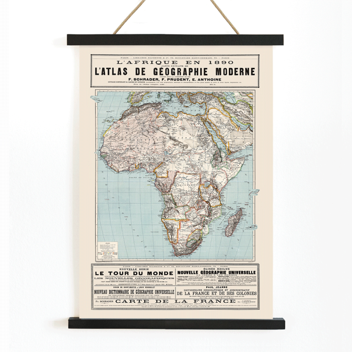 Poster représentant une carte détaillée de l'Afrique avec des caractéristiques géographiques tirées de l'Atlas de géographie moderne de Schrader Prudent Anthoine