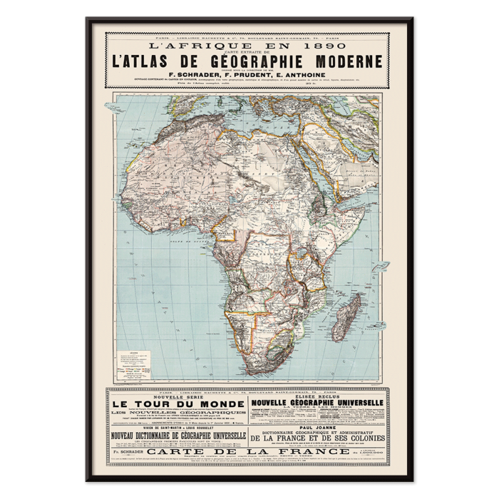 Poster représentant une carte détaillée de l'Afrique avec des caractéristiques géographiques tirées de l'Atlas de géographie moderne de Schrader Prudent Anthoine