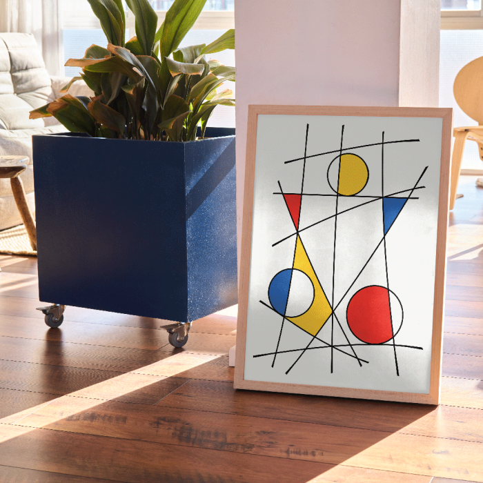 Póster presenta obras de arte abstractas de Geometric Lines y colores 3 con líneas negras que se cruzan y formas geométricas coloridas en rojo, azul y amarillo.