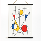 Póster presenta obras de arte abstractas de Geometric Lines y colores 3 con líneas negras que se cruzan y formas geométricas coloridas en rojo, azul y amarillo.