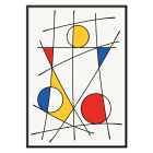 Poster avec des œuvres abstraites de Geometric Lines et Colors 3 avec des lignes noires qui se croisent et des formes géométriques colorées en rouge, bleu et jaune