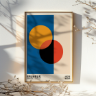 Bauhaus Poster 17 features intersecting circles in orange red black on blue and beige background framed with text at the bottom