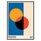 Bauhaus Poster 17 features intersecting circles in orange red black on blue and beige background framed with text at the bottom