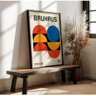 Bauhaus Poster 18 featuring bold geometric shapes and primary colors in a minimalist design with text Bauhaus at the top.