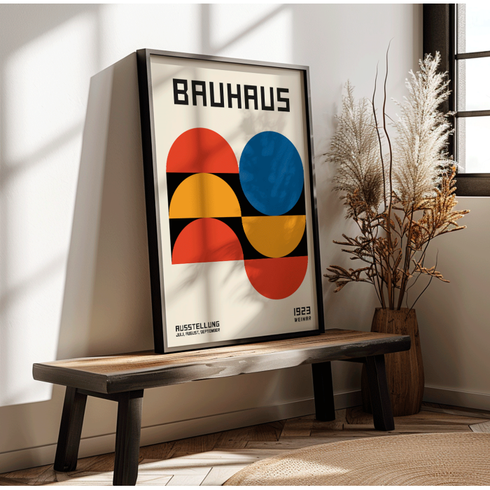 Bauhaus Poster 18 featuring bold geometric shapes and primary colors in a minimalist design with text Bauhaus at the top.