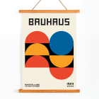 Bauhaus Poster 18 featuring bold geometric shapes and primary colors in a minimalist design with text Bauhaus at the top.