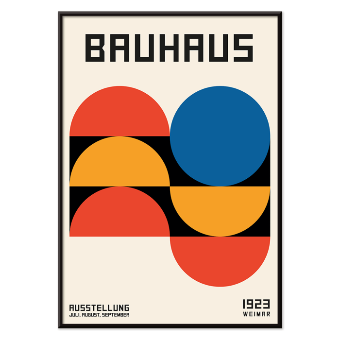 Bauhaus Poster 18 featuring bold geometric shapes and primary colors in a minimalist design with text Bauhaus at the top.