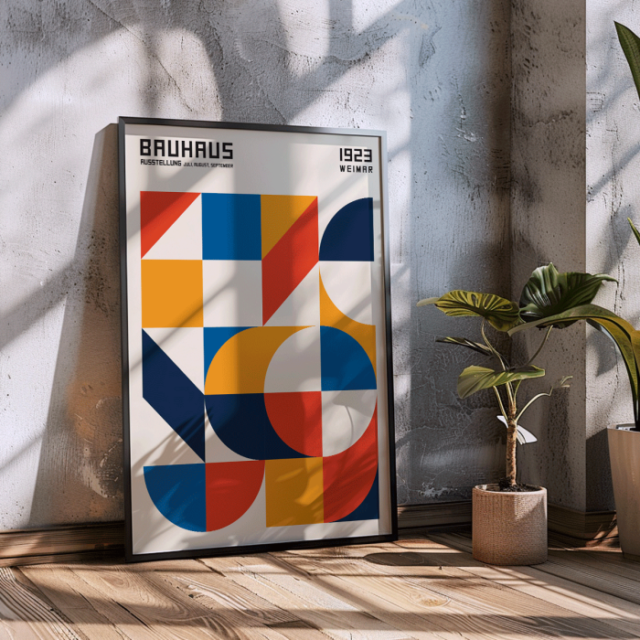 Colorful geometric Bauhaus poster with squares and circles titled Bauhaus Poster 19.