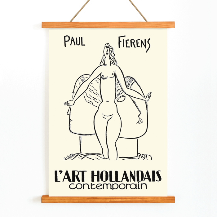 Poster of a nude woman illustration titled L'Art Hollandais contemporain by Paul Fierens in black and white lines.