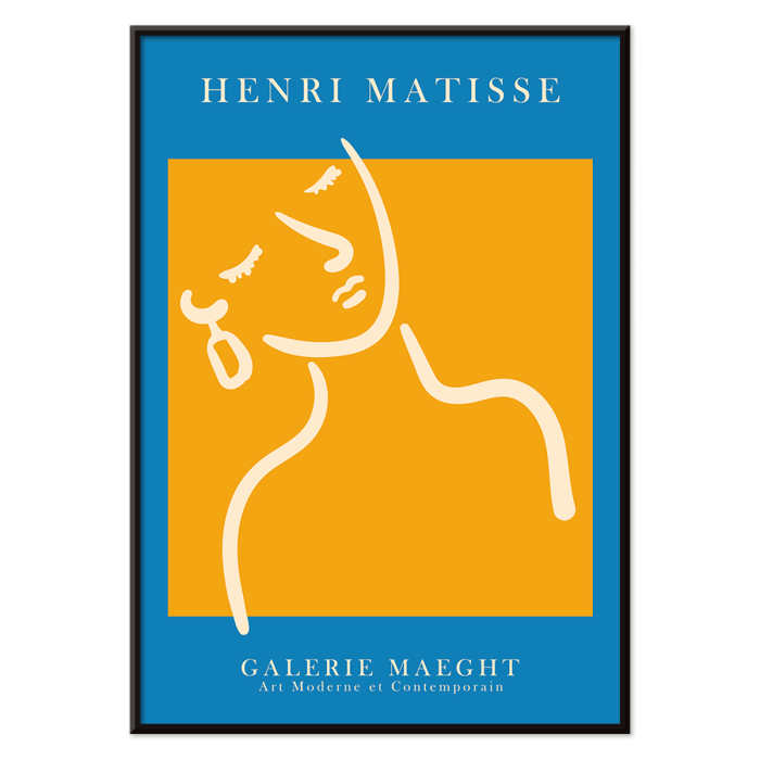 Henri Matisse poster featuring abstract artwork of a girl with an earring in orange and blue displayed at Galerie Maeght.