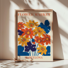 Poster of vibrant orange yellow and blue flowers with text Flower Market Barcelona by artist Moryarty displayed at the top and bottom