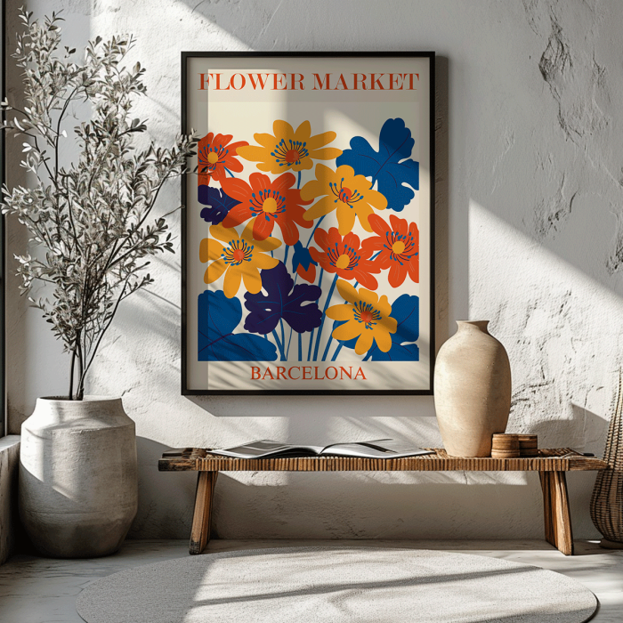 Poster of vibrant orange yellow and blue flowers with text Flower Market Barcelona by artist Moryarty displayed at the top and bottom