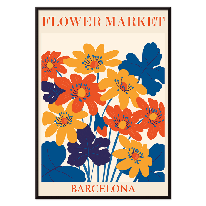 Poster of vibrant orange yellow and blue flowers with text Flower Market Barcelona by artist Moryarty displayed at the top and bottom