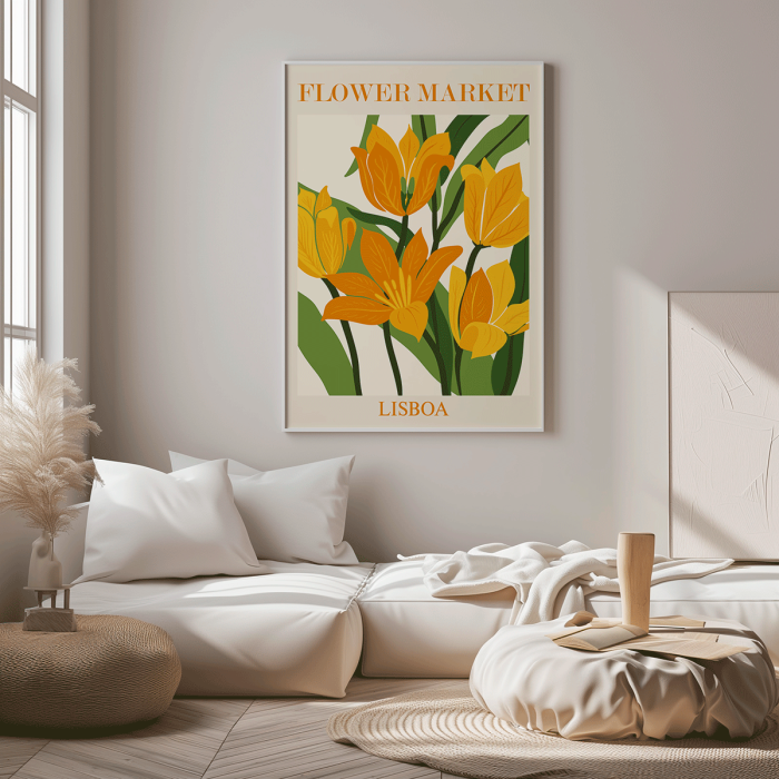 Poster featuring yellow-orange flowers with green leaves titled Flower Market Lisbon by Moryarty