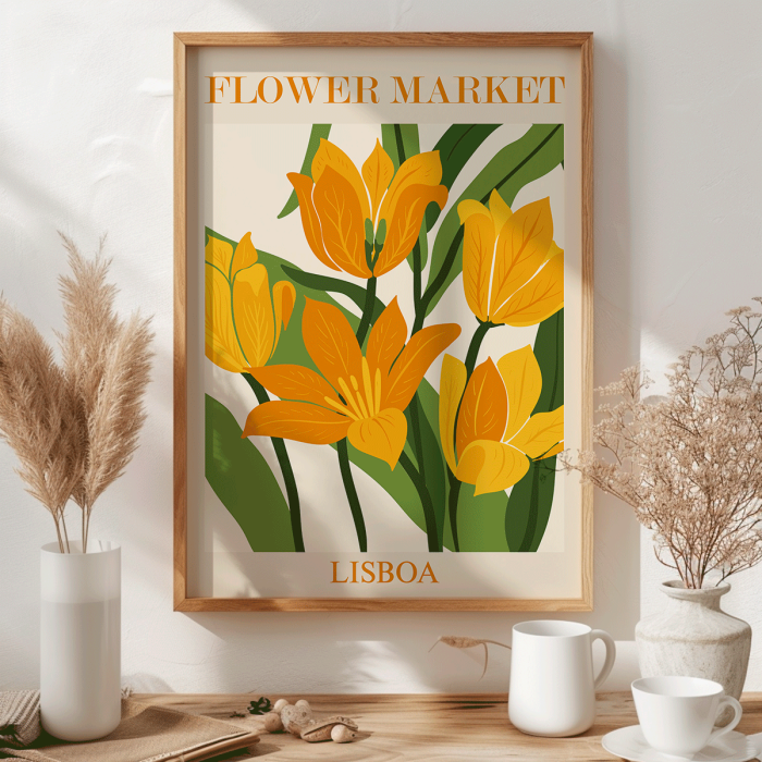 Poster featuring yellow-orange flowers with green leaves titled Flower Market Lisbon by Moryarty