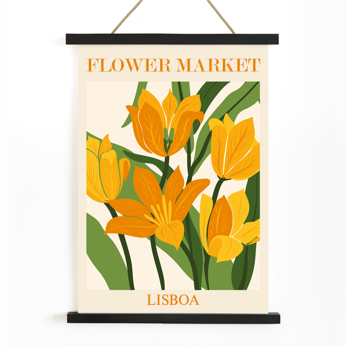 Poster featuring yellow-orange flowers with green leaves titled Flower Market Lisbon by Moryarty