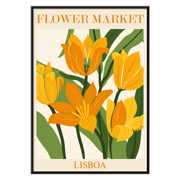 Poster featuring yellow-orange flowers with green leaves titled Flower Market Lisbon by Moryarty