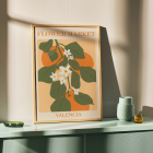 Poster of Flower Market Valencia by Moryarty featuring green leaves and white flowers with orange background elements.