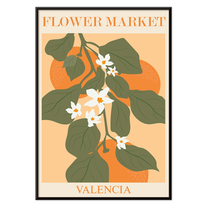 Poster of Flower Market Valencia by Moryarty featuring green leaves and white flowers with orange background elements.