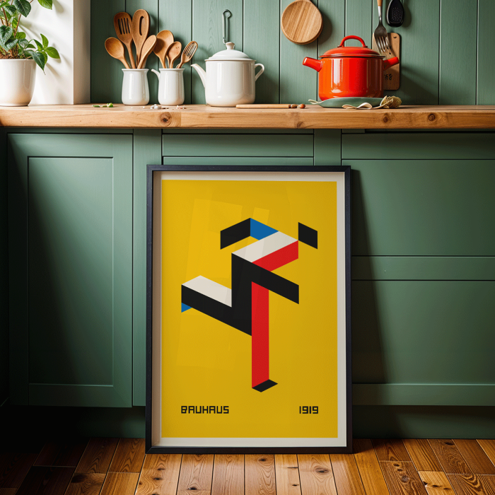 Póster presenta arte abstracto geométrico sobre fondo amarillo titulado "Bauhaus" del artista 20.