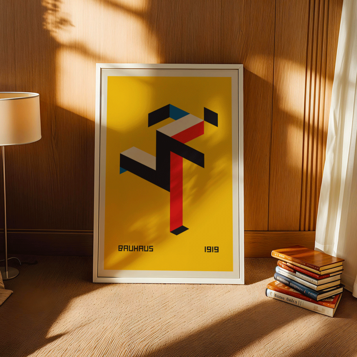 Póster presenta arte abstracto geométrico sobre fondo amarillo titulado "Bauhaus" del artista 20.