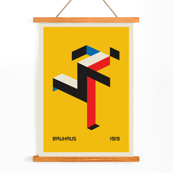 Póster presenta arte abstracto geométrico sobre fondo amarillo titulado "Bauhaus" del artista 20.