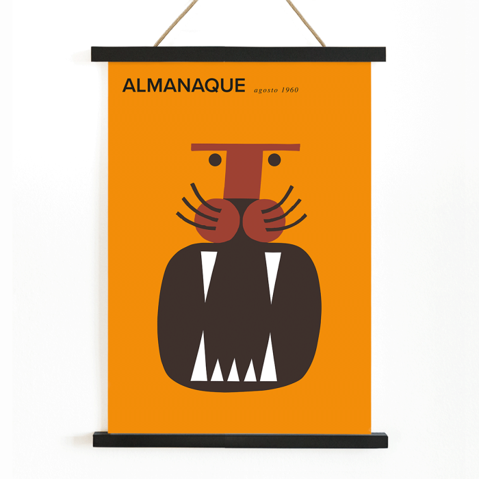 Poster of Almanaque magazine cover featuring abstract face design by Sebastiao Rodrigues on an orange background.