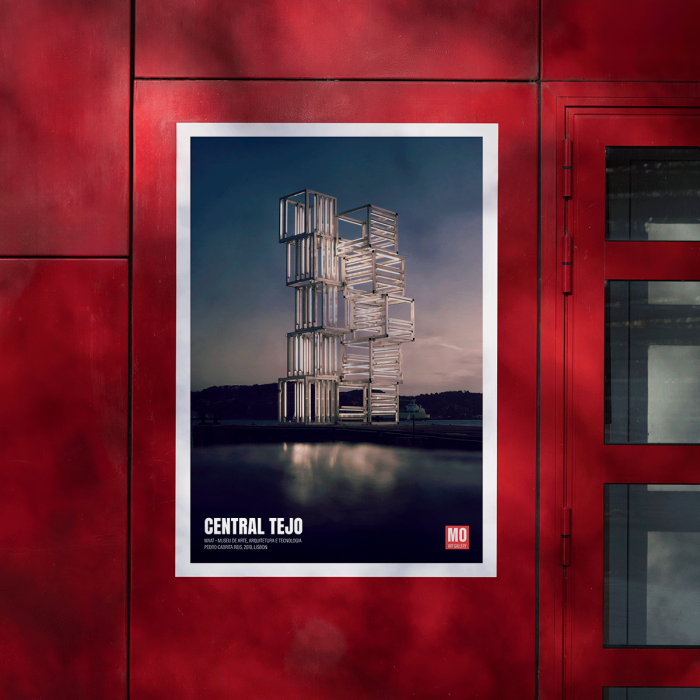 Poster featuring Central Tejo in Lisbon by Pedro Cabrita Reis displayed by Mo Art Gallery with a modern architectural structure.