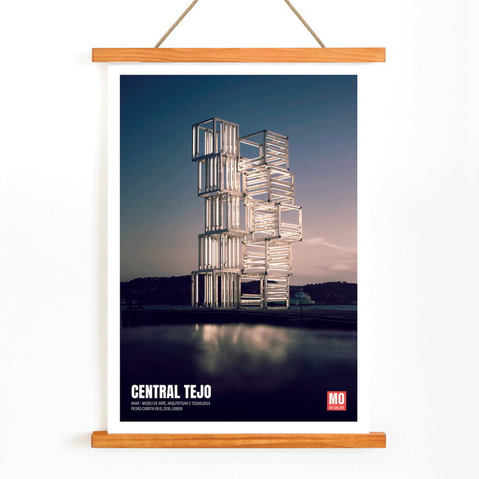 Poster featuring Central Tejo in Lisbon by Pedro Cabrita Reis displayed by Mo Art Gallery with a modern architectural structure.