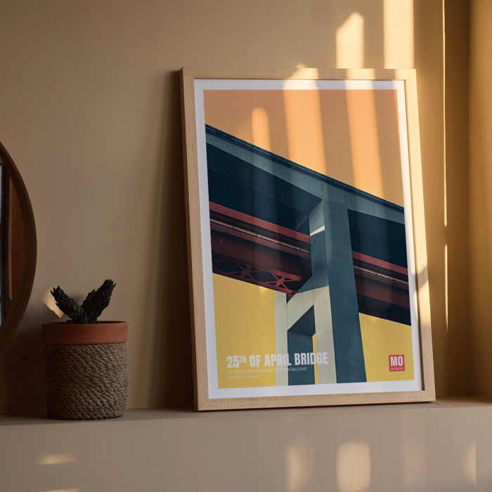 Poster featuring an artistic view of the 25th of April Bridge Lisbon by Mo Art Gallery with bold geometric design.