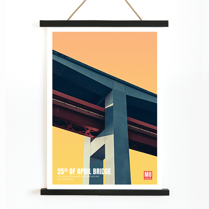 Poster featuring an artistic view of the 25th of April Bridge Lisbon by Mo Art Gallery with bold geometric design.