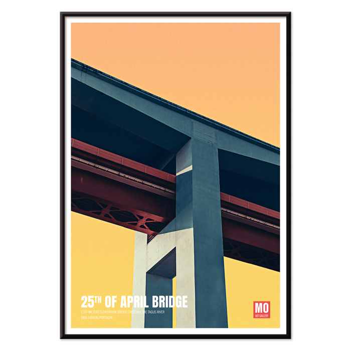 Póster presenta una vista artística del Puente 25 de Abril de Lisboa por Mo Art Gallery con un diseño geométrico audaz.