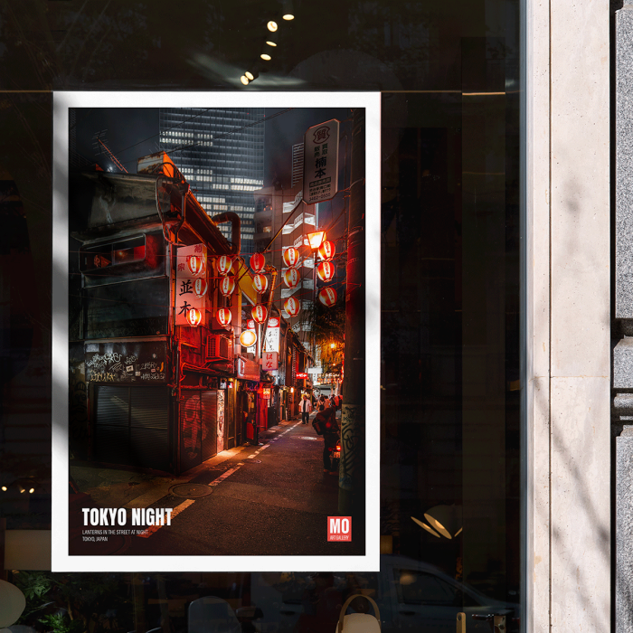 Poster depicting a vibrant Tokyo street at night with illuminated lanterns titled Tokyo Night by Mo Art Gallery.