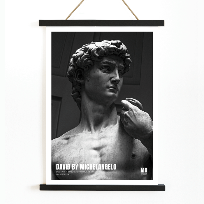 Poster of David by Michelangelo Buonarroti from the Mo Art Gallery showing the sculpture in grayscale.