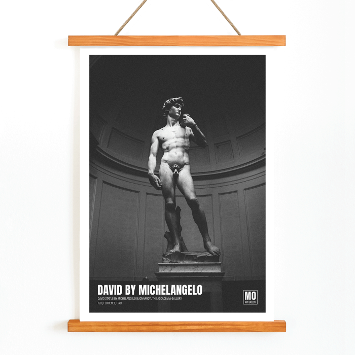 Póster presenta la estatua de David de Miguel Ángel Buonarroti exhibida en la Galería de Arte Mo de Florencia.