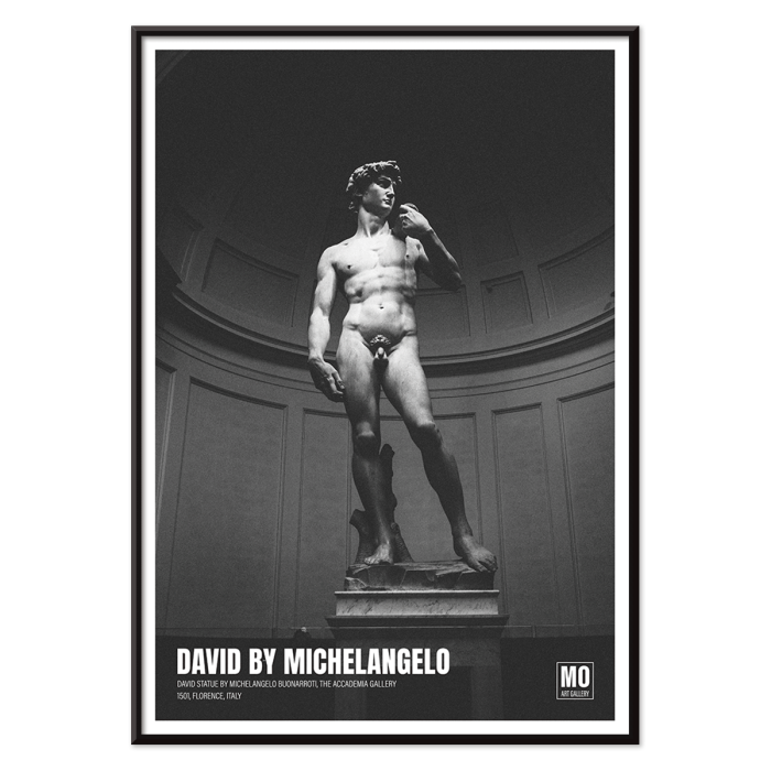 Poster featuring the statue David by Michelangelo Buonarroti displayed in Mo Art Gallery Florence.