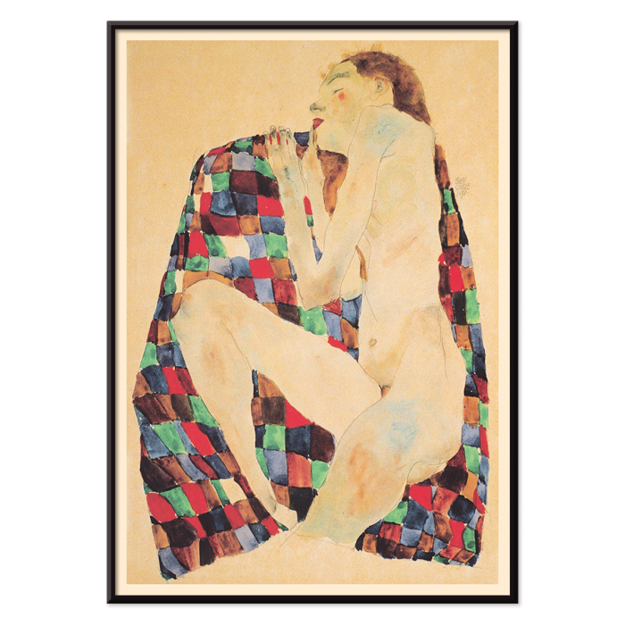 Poster of Female Nude on Checkered Cloth by Egon Schiele depicting a nude woman sitting on a colorful checkered fabric