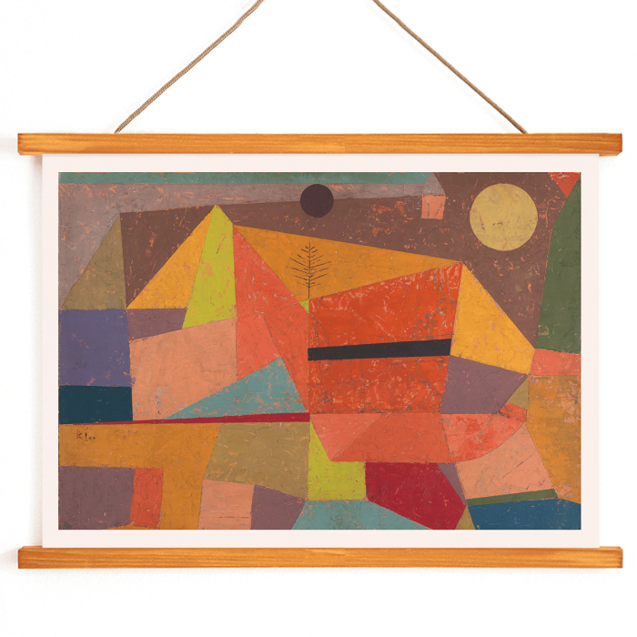 Poster of Joyful Mountain Landscape by Paul Klee featuring abstract geometric shapes in vibrant colors