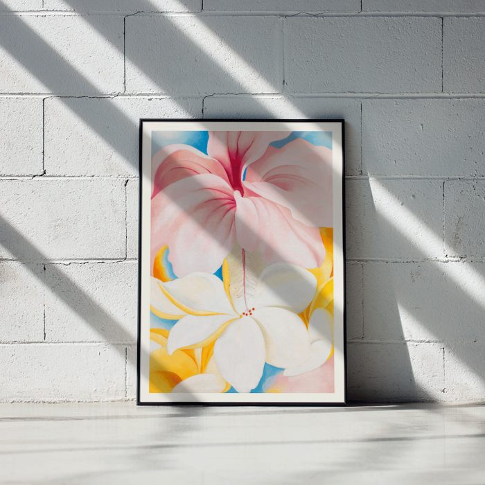 Poster of Hibiscus with Plumeria by Georgia O’Keeffe featuring vibrant pink and white flowers with a colorful background