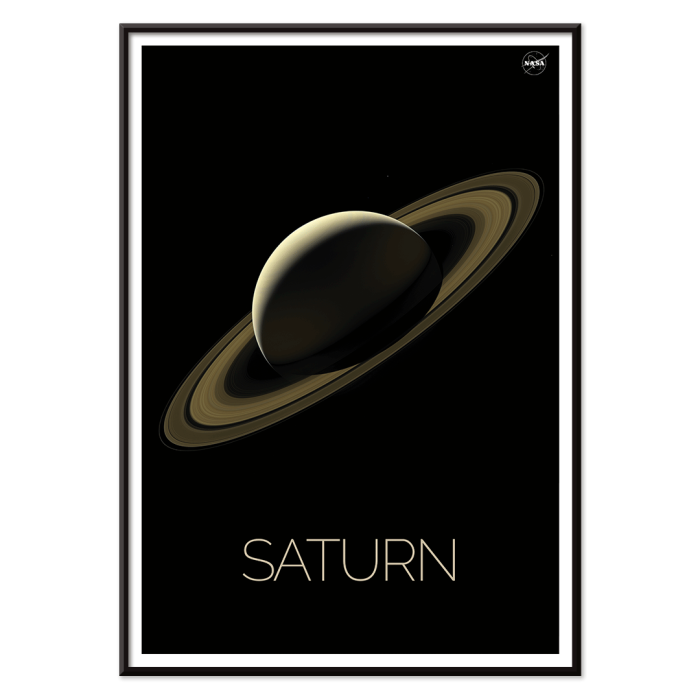 Poster de l'oeuvre Saturn de la NASA représentant la planète Saturne avec ses anneaux sur fond noir.