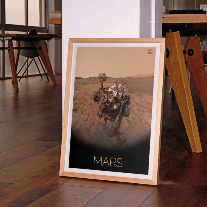 Poster intitulé Rover on Mars par la NASA présentant une image d'un rover martien sur la surface martienne avec un logo de la NASA dans le coin supérieur droit.