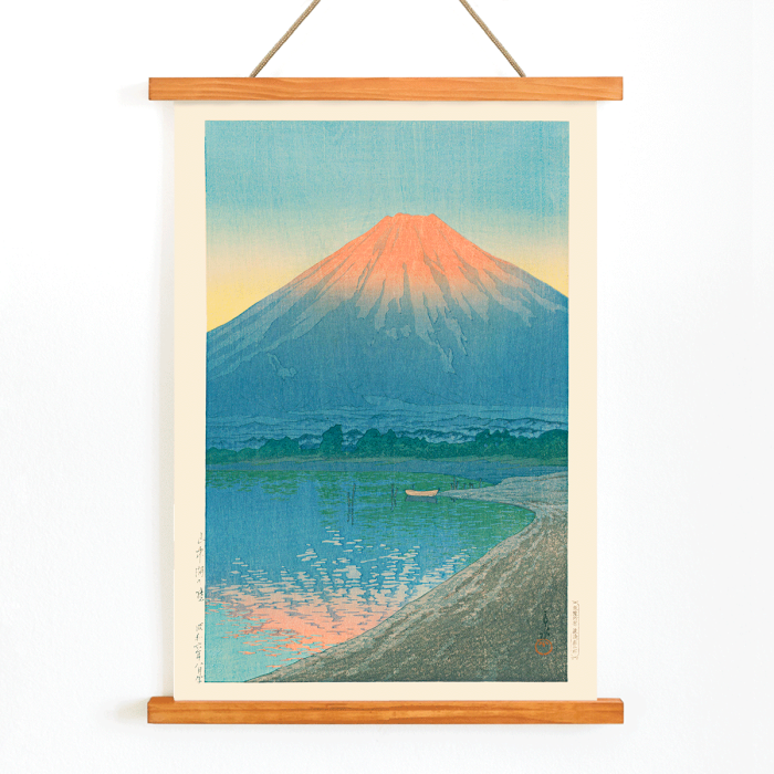 Poster of Daybreak over Lake Yamanaka by Kawase Hasui depicting a serene lake with Mount Fuji in the background at dawn.