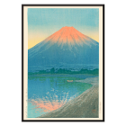 Poster of Daybreak over Lake Yamanaka by Kawase Hasui depicting a serene lake with Mount Fuji in the background at dawn.